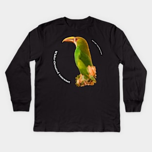 White-throated toucanet tropical bird on top of a tree pin white text Kids Long Sleeve T-Shirt